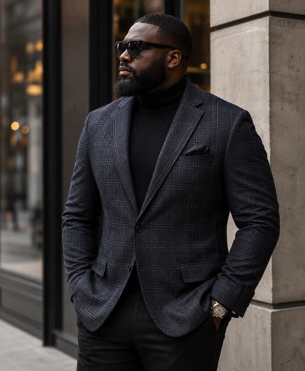 Shaquille O'Neal XLG Mens 54L Gray Blue Glen Plaid Stretch Blazer Sport Coat